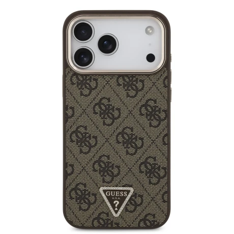 Guess PU Leather 4G Strass Triangle Logo Gold Frame MagSafe Zadni Kryt pro iPhone 18 Pro Max Brown