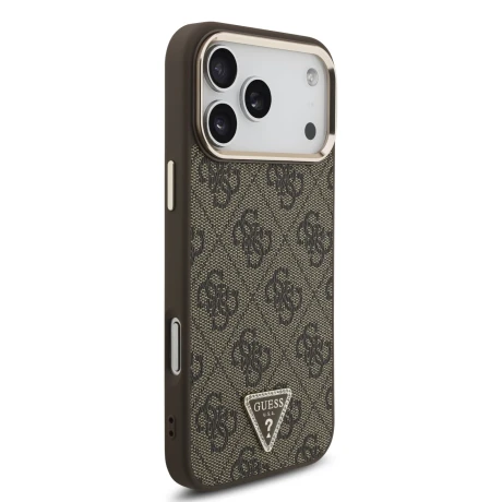 Guess PU Leather 4G Strass Triangle Logo Gold Frame MagSafe Zadni Kryt pro iPhone 18 Pro Max Brown
