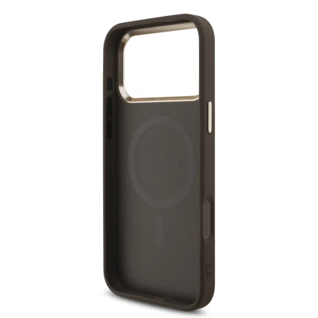Guess PU Leather 4G Strass Triangle Logo Gold Frame MagSafe Zadni Kryt pro iPhone 18 Pro Max Brown