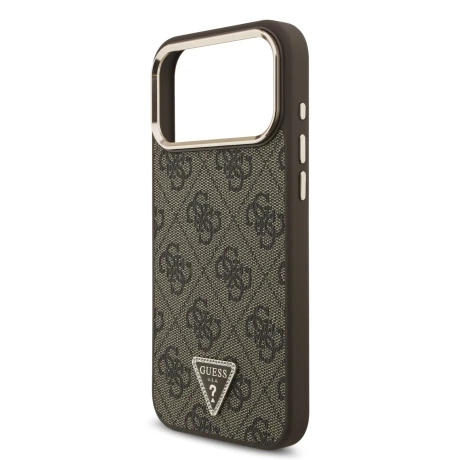 Guess PU Leather 4G Strass Triangle Logo Gold Frame MagSafe Zadni Kryt pro iPhone 18 Pro Max Brown