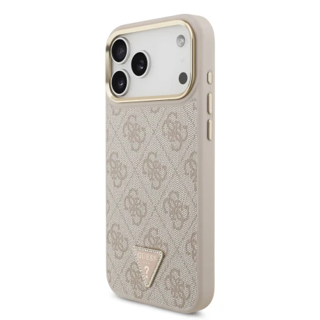 Guess PU Leather 4G Strass Triangle Logo Gold Frame MagSafe Zadni Kryt pro iPhone 18 Pro Max Pink