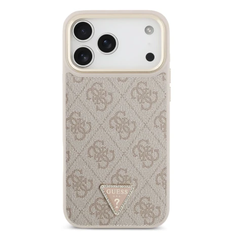 Guess PU Leather 4G Strass Triangle Logo Gold Frame MagSafe Zadni Kryt pro iPhone 18 Pro Max Pink