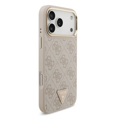 Guess PU Leather 4G Strass Triangle Logo Gold Frame MagSafe Zadni Kryt pro iPhone 18 Pro Max Pink