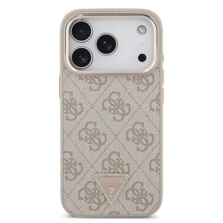 Guess PU Leather 4G Strass Triangle Logo Gold Frame MagSafe Zadni Kryt pro iPhone 18 Pro Pink