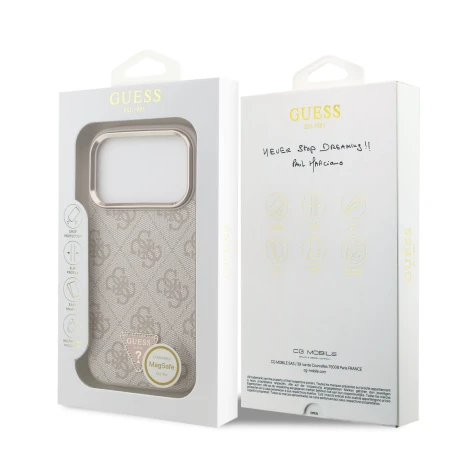 Guess PU Leather 4G Strass Triangle Logo Gold Frame MagSafe Zadni Kryt pro iPhone 18 Pro Pink