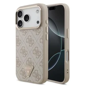 Guess PU Leather 4G Strass Triangle Logo Gold Frame MagSafe Zadni Kryt pro iPhone 18 Pro Pink