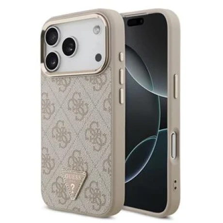 Guess PU Leather 4G Strass Triangle Logo Gold Frame MagSafe Zadni Kryt pro iPhone 18 Pro Pink