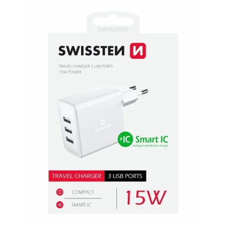SWISSTEN TRAVEL CHARGER WITH 3x USB 3A 15W WHITE
