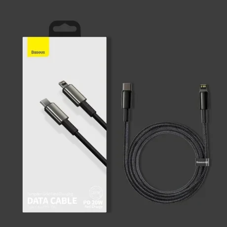 Cablu Alimentare si Date Baseus Tungsten Gold Fast Charging USB Type-C la Lightning Iphone 20W braided 1m Negru