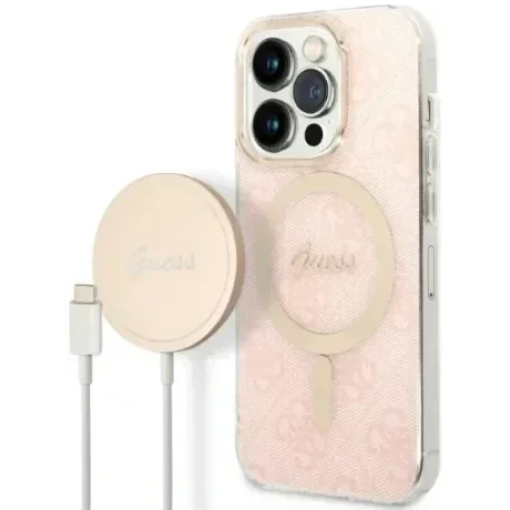 Husa Cover Guess 4G Print Magsafe + Wireless Charger pentru iPhone 14 Pro Pink