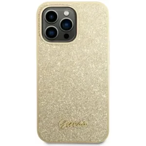 Husa Cover Guess PC/TPU Glitter Flakes Metal Logo pentru iPhone 14 Plus Gold