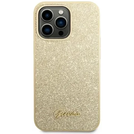 Husa Cover Guess PC/TPU Glitter Flakes Metal Logo pentru iPhone 14 Plus Gold