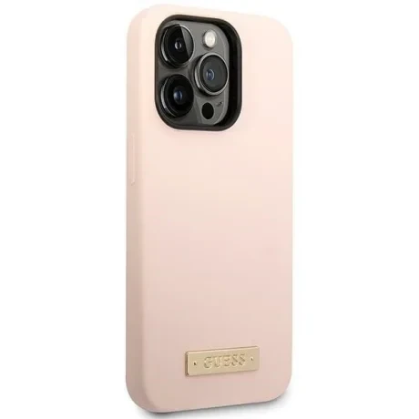 Husa Cover Guess Silicone Metal Plate Logo MagSafe pentru iPhone 14 Pro Roz