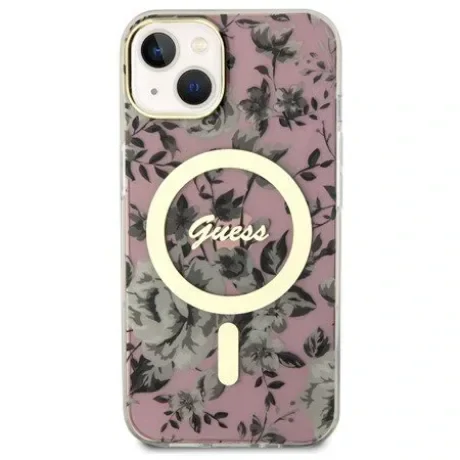 Husa Guess PC/TPU Flowers IML MagSafe pentru iPhone 13 Pink