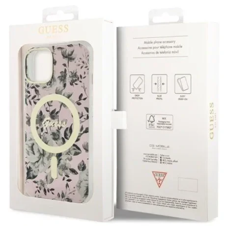 Husa Guess PC/TPU Flowers IML MagSafe pentru iPhone 13 Pink