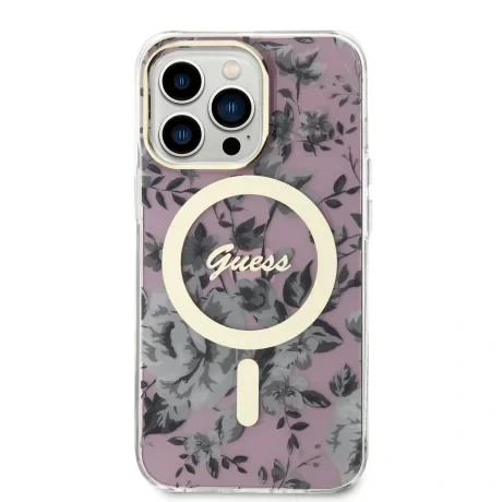 Husa Guess PC/TPU Flowers IML MagSafe pentru iPhone 13 Pro Pink