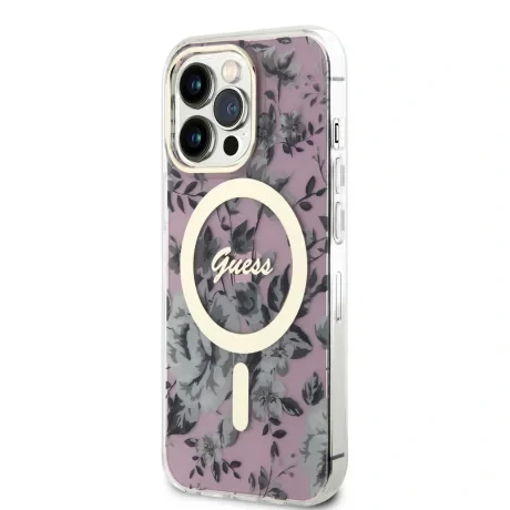 Husa Guess PC/TPU Flowers IML MagSafe pentru iPhone 13 Pro Pink
