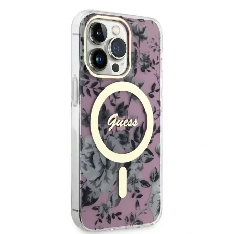 Husa Guess PC/TPU Flowers IML MagSafe pentru iPhone 13 Pro Pink