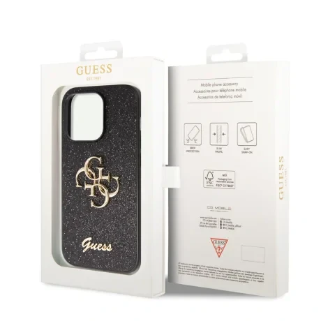 Husa Guess PU Fixed Glitter 4G Metal Logo pentru  iPhone 15 Pro Negru