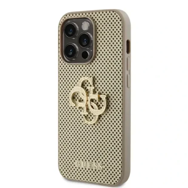 Husa Guess PU Perforated 4G Glitter Metal Logo pentru iPhone 14 Pro Max Gold
