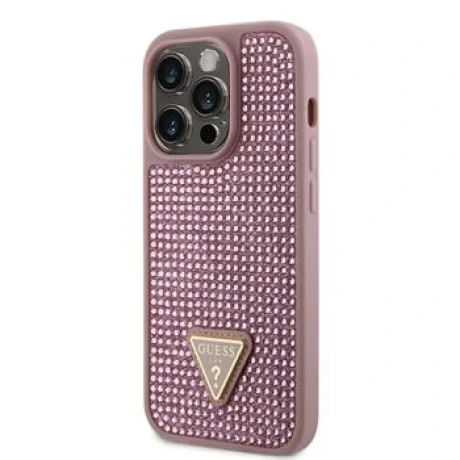 Husa Guess Rhinestones Triangle Metal Logo pentru iPhone 14 Pro Pink thumb