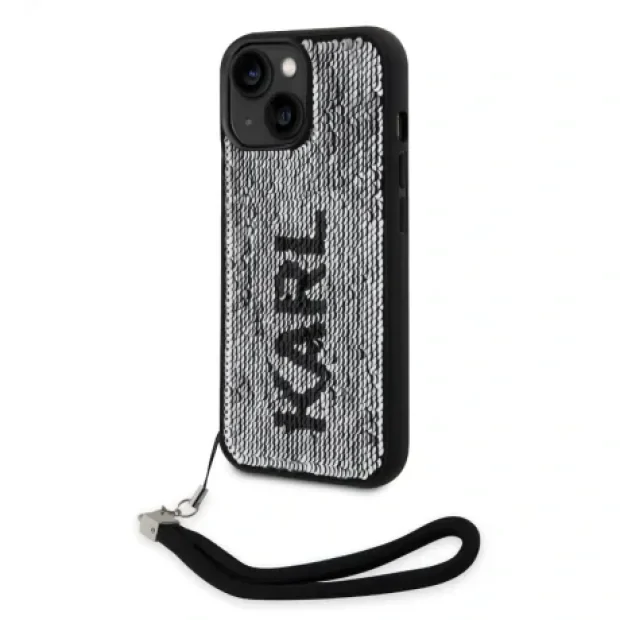Husa spate reversibila cu paiete Karl Lagerfeld pentru iPhone 13 negru/argintiu