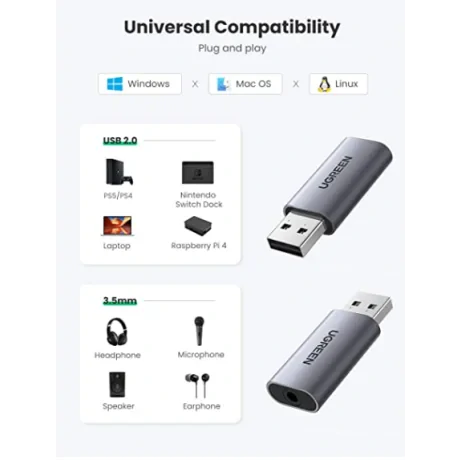 Placa de sunet Ugreen CM383 extern USB 2.0 (T) la 3.5 mm jack (M) gri thumb