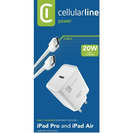 Set Incarcator Retea Cellularline 20W Type-C cu calbu Usb C-Usb C  Alb
