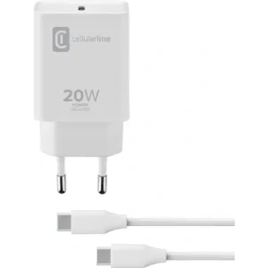 Set Incarcator Retea Cellularline 20W Type-C cu calbu Usb C-Usb C  Alb