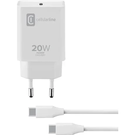 Set Incarcator Retea Cellularline 20W Type-C cu calbu Usb C-Usb C  Alb